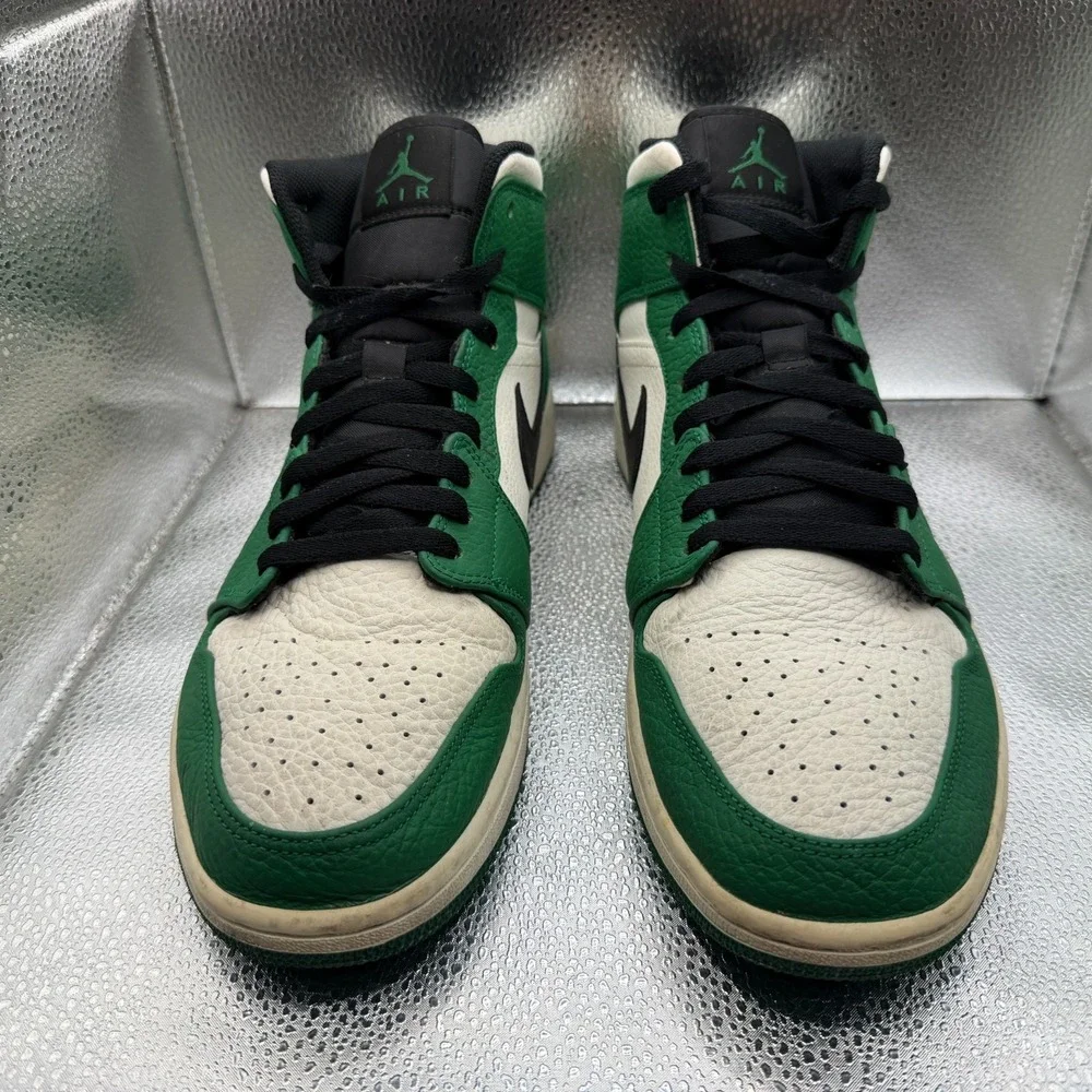 Size 12 Nike‎ Air Jordan 1 Mid Leather Pine Green Mens Sneaker Shoes 852542-301